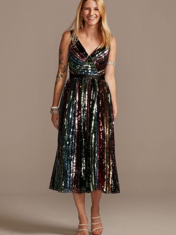 Rainbow Sequin Striped V-Neck Midi Dress WBM2205