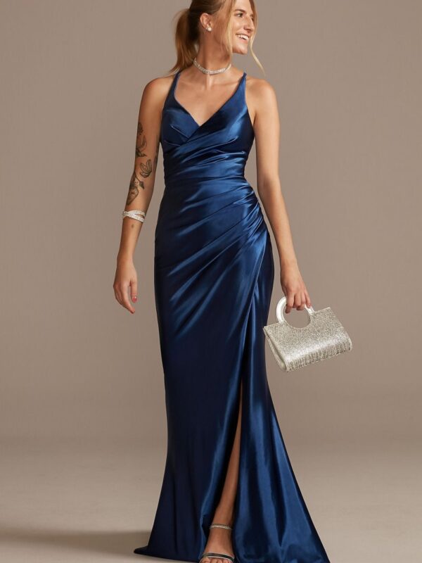 Ruched V-Neck Stretch Satin Sheath Gown with Slit WBM2299