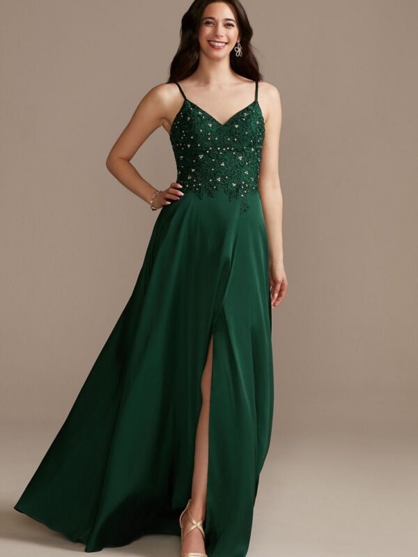 Embellished Bodice Spaghetti Strap Dress with Slit WBM2303RW