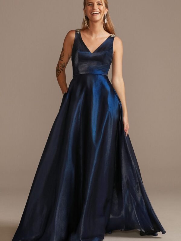 V-Neck Satin Ball Gown with Crystal Strap Details WBM2396