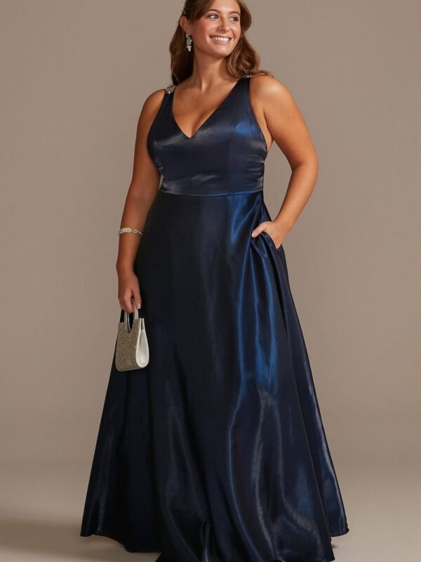 V-Neck Satin Plus Ball Gown with Crystal Straps WBM2396W