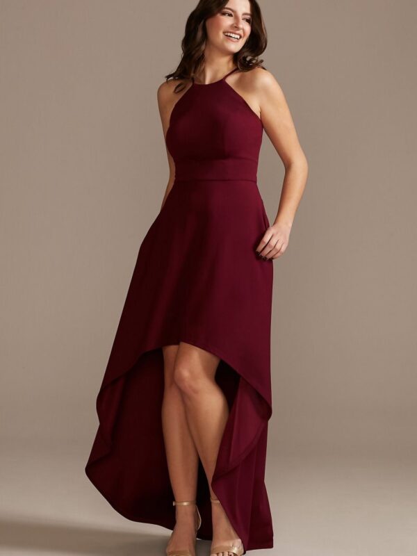 High Neck Crepe A-Line Dress with High-Low Hem WBM2400V2