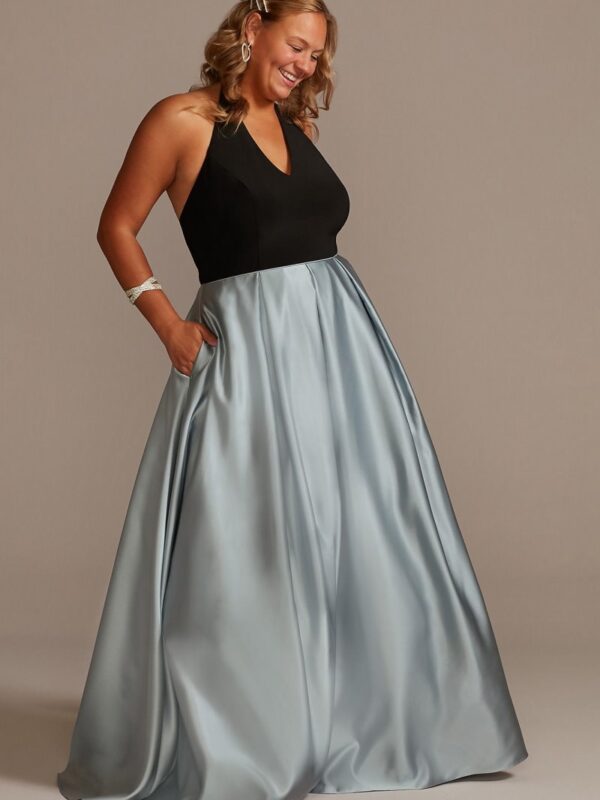 V-Neck Halter Satin Plus Ball Gown with Pockets WBM2405V1W