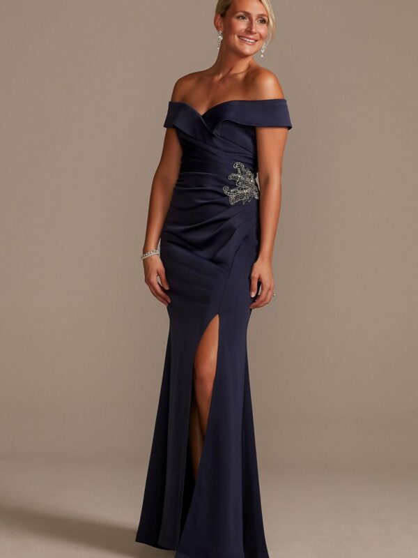 Beaded Waist Crepe Off-the-Shoulder Sheath Gown  WBM2428V2