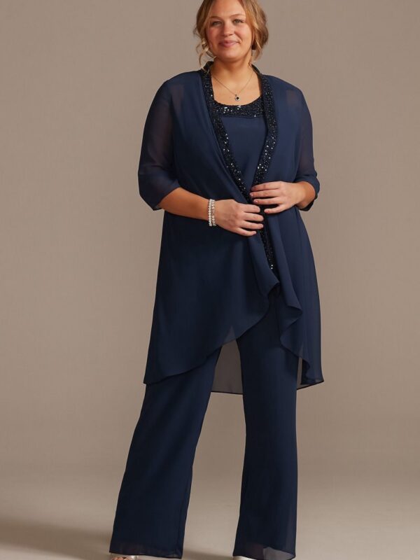 Tonal Beaded Chiffon Plus-Size Pantsuit  WBM2429W