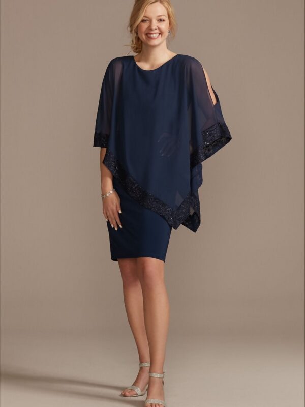 Chiffon Lace-Trimmed Scoopneck Capelet Dress  WBM2432