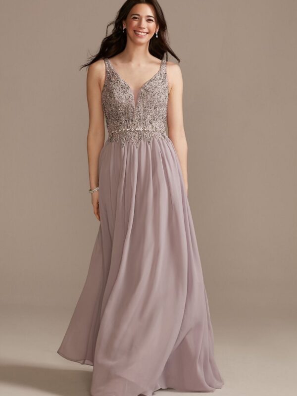 Beaded Bodice Plunge Chiffon Gown WBM2466