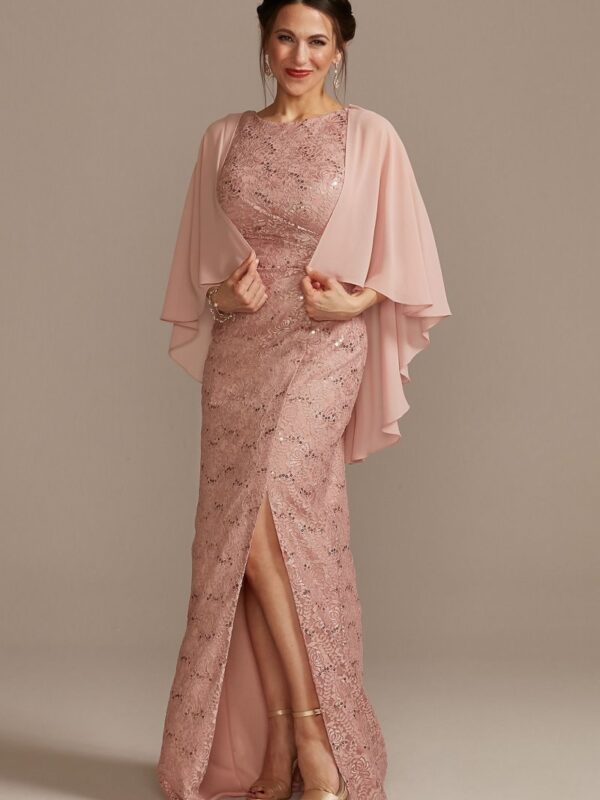 Ruched Lace Sheath Gown with Slit Skirt and Shawl  WBM2537