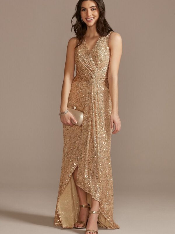 V-Neck Sequin Sheath Gown with Knot Detail WBM2545