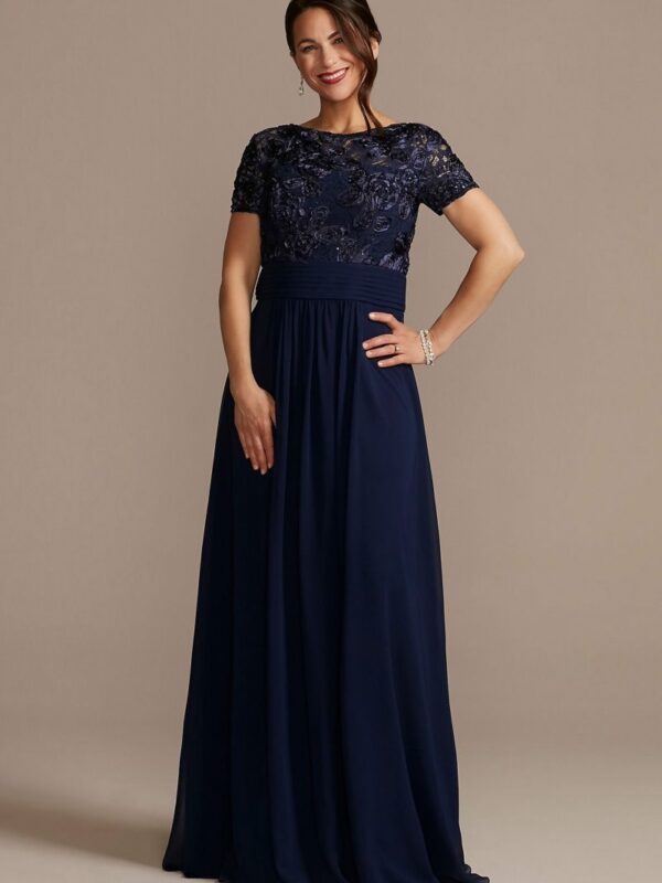 Floor Length Sheath Gown with Lace Bodice  WBM2575