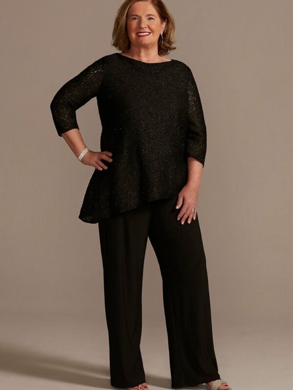 Plus Size Glitter Lace Asymmetrical Top Pantsuit  WBM2703W