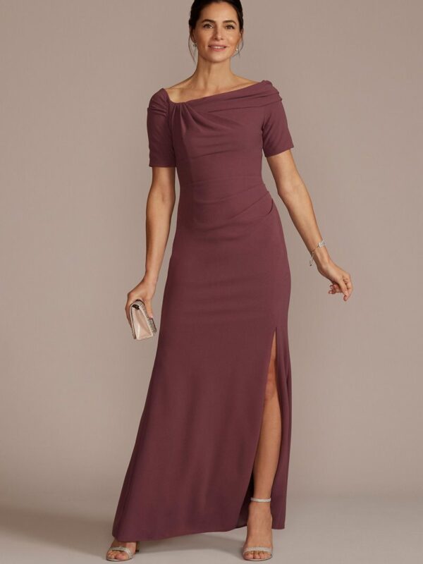 Long Crepe Off the Shoulder Sheath with Skirt Slit  WBM2739