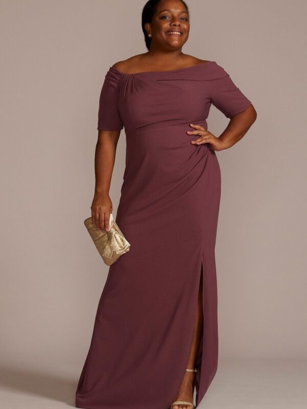 Plus Crepe Off the Shoulder Sheath with Skirt Slit  WBM2739W