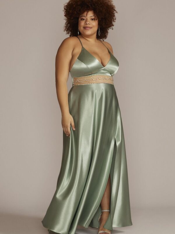 Plus Satin Gown with Embellished Illusion Waist WBM2776W