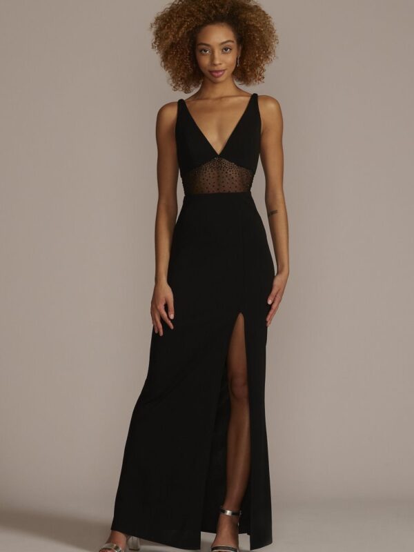 Floor Length Crepe Gown with Beaded Mesh Detail WBM2787