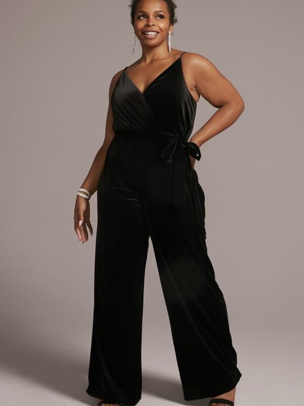 Plus Size V-Neck Velvet Jumpsuit with Tie Waist WBM2796W