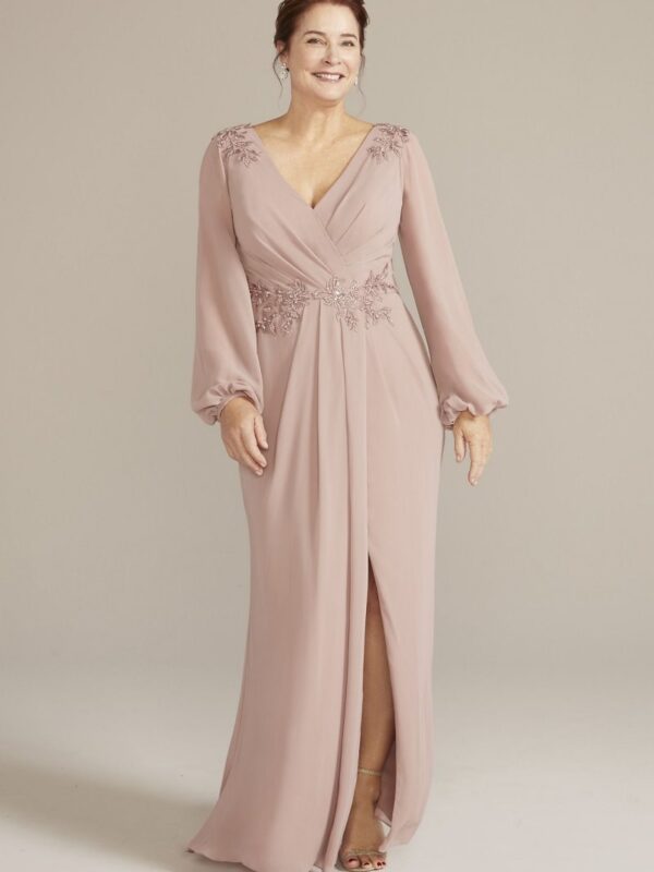 Plus Embellished Chiffon Gown with Long Sleeves  WBM2815W