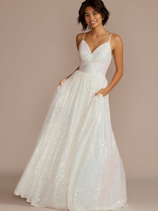 Iridescent Sequin V-Neck Ball Gown WBM3382