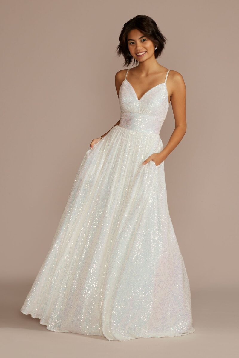 Iridescent Sequin V-Neck Ball Gown WBM3382