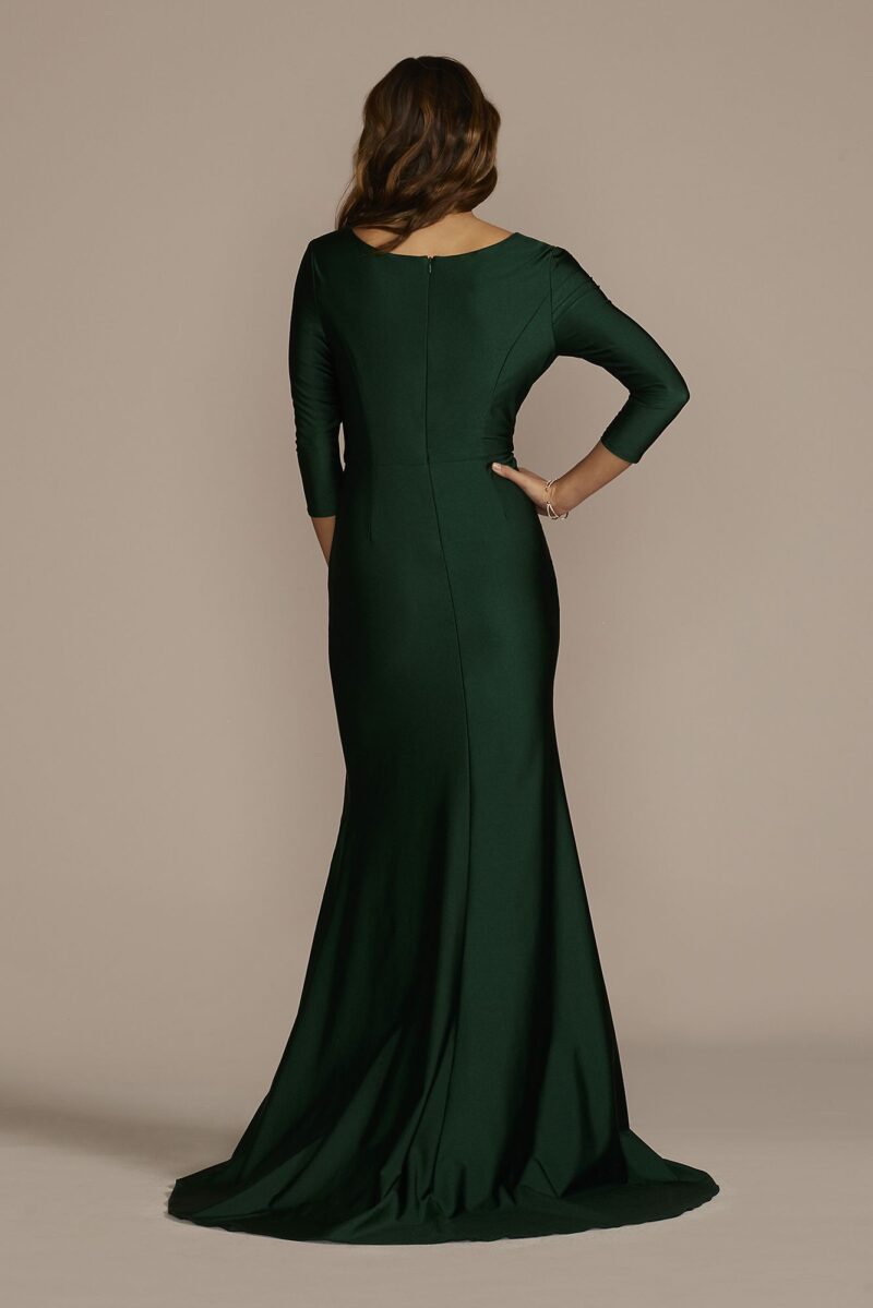 Long Stretch Satin Three-Quarter Sleeve Sheath WBM3734