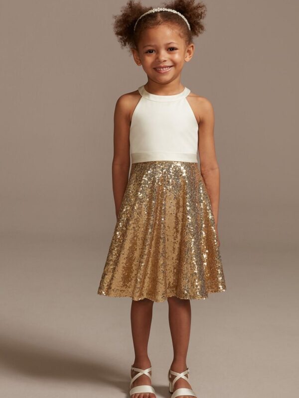 High Neck Sequin Skirt Flower Girl Dress with Bow WG1409