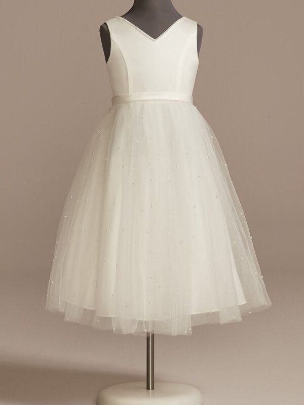 V-Back Tulle Flower Girl Dress with Pearls and Bow WG1425