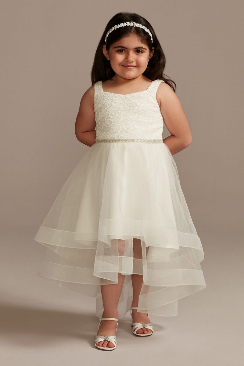 Off Shoulder Horsehair Trim Lace Flower Girl Dress WG1442