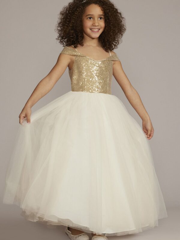 Off-the-Shoulder Sequin Bodice Flower Girl Dress WG1467