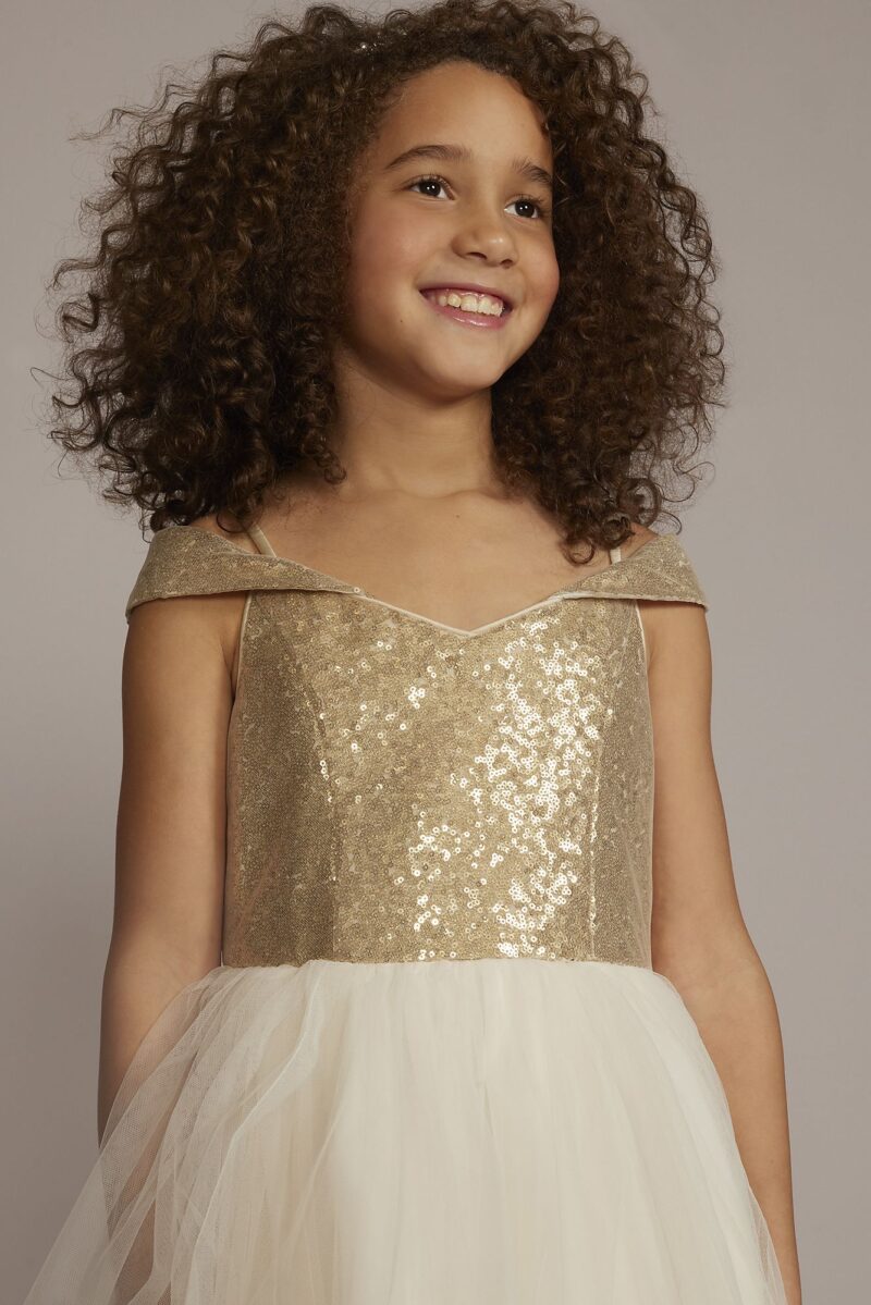 Off-the-Shoulder Sequin Bodice Flower Girl Dress WG1467