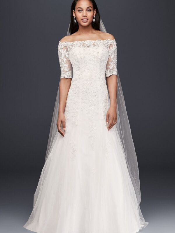 Jewel Off the Shoulder 3/4 Sleeve Wedding Dress Jewel WG3734