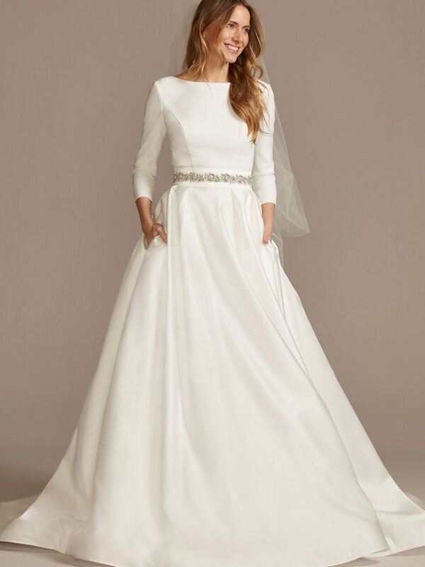 Low Back Mid-Sleeve Crepe and Satin Wedding Dress WG4005DB