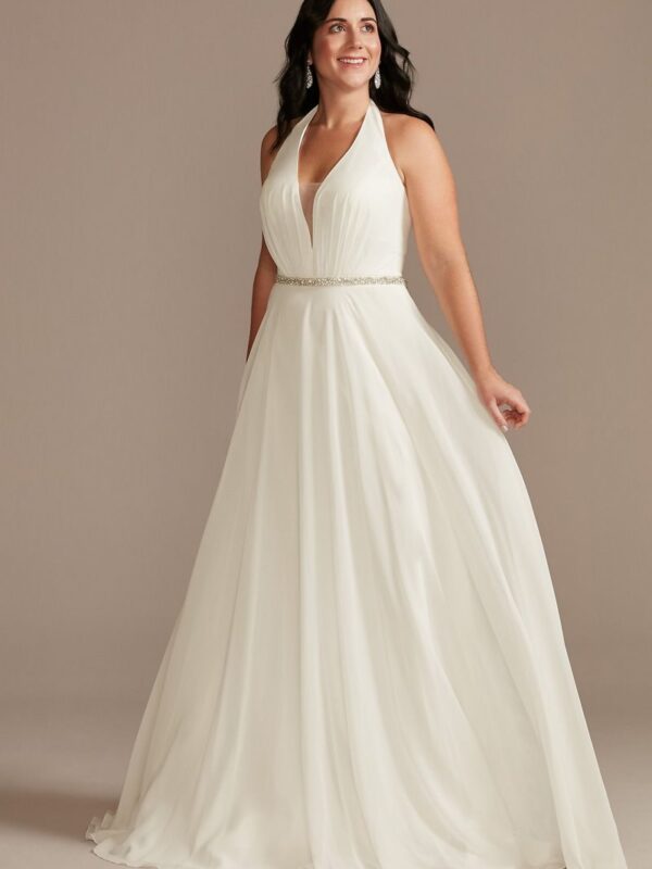 Chiffon Halter Plunge Beaded Waist Wedding Dress WG4014