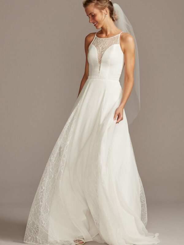 High Neck Illusion and Lace Godet Wedding Dress WG4021