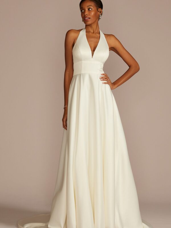 Plunging Halter Satin A-Line Wedding Dress WG4096