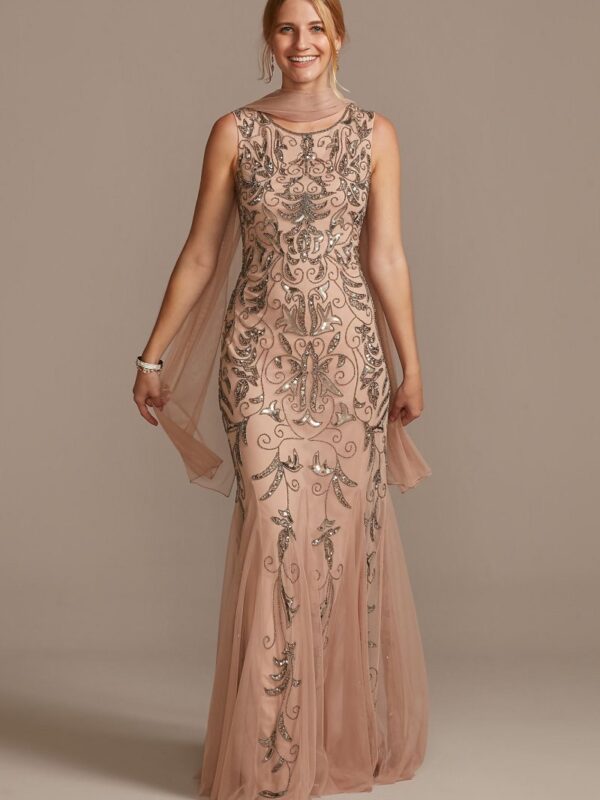 Beaded Sequin Scrolls Embellished Dress with Shawl  WGIN09182