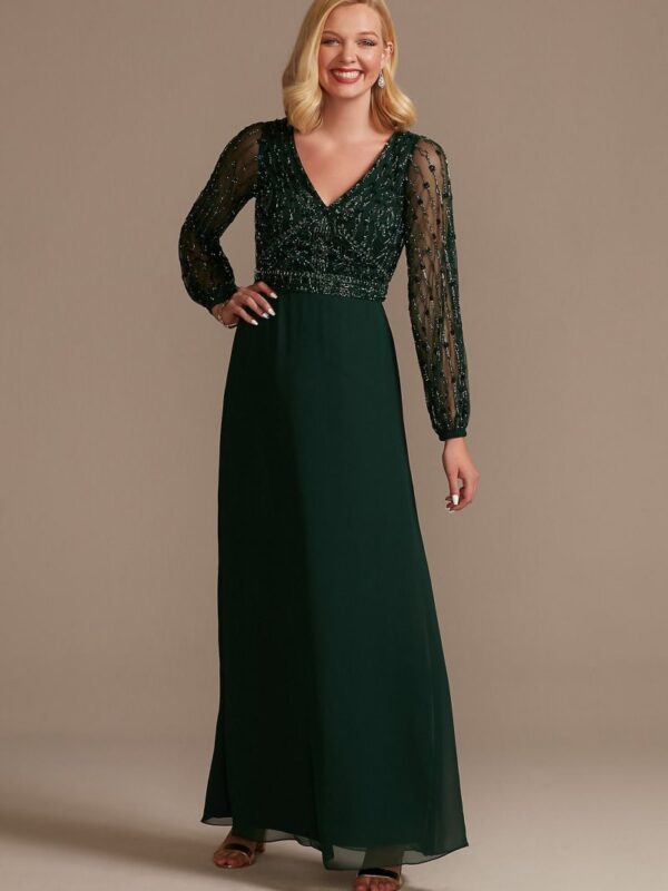 Beaded Chiffon A-Line Dress with Illusion Sleeves  WGIN19269