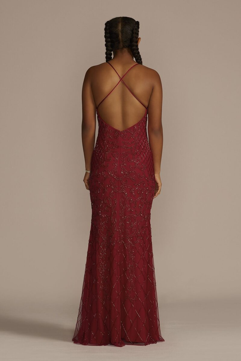 Patterned Beaded and Sequined Sheath with Slit WGIN29T