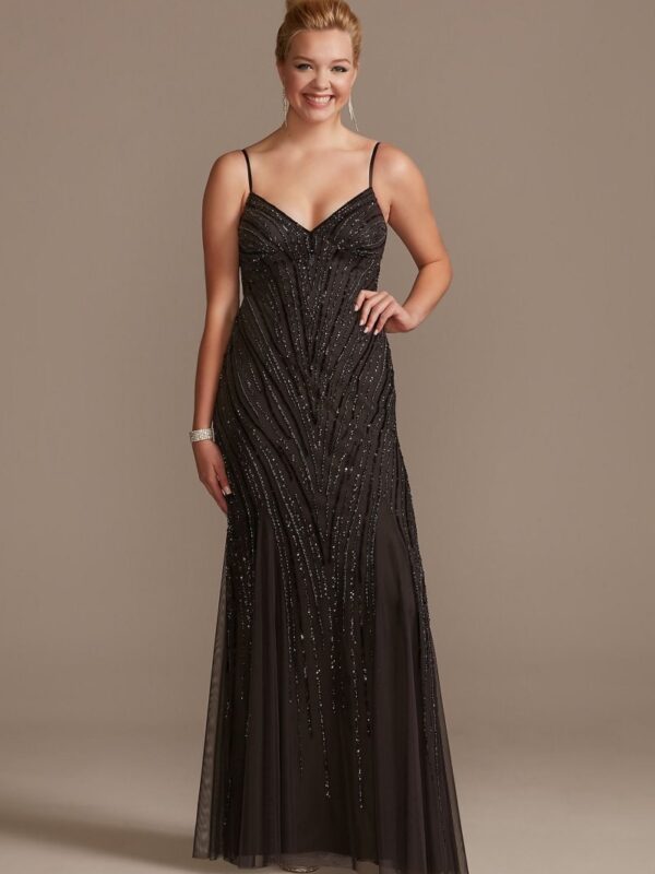 Beaded Overlay Spaghetti Strap Dress with Godets WGINSLD2891